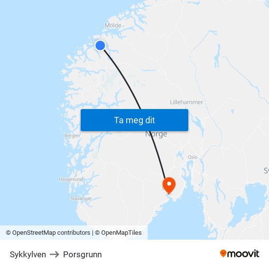 Sykkylven to Porsgrunn map