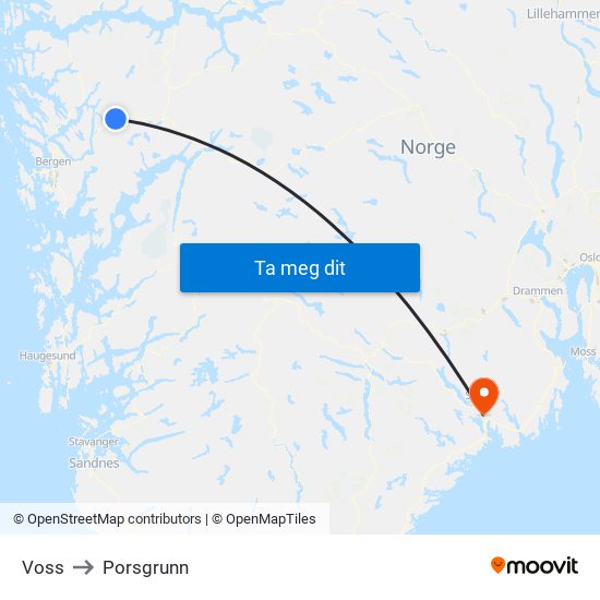 Voss to Porsgrunn map