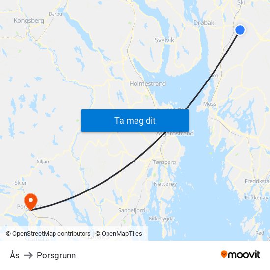 Ås to Porsgrunn map