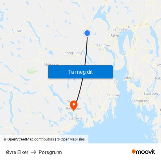 Øvre Eiker to Porsgrunn map