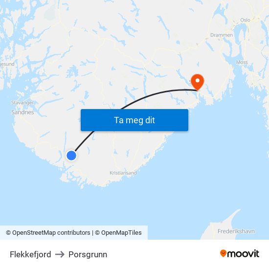 Flekkefjord to Porsgrunn map