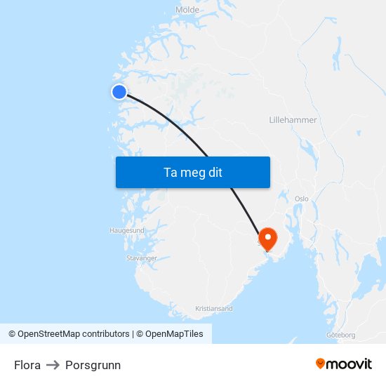 Flora to Porsgrunn map