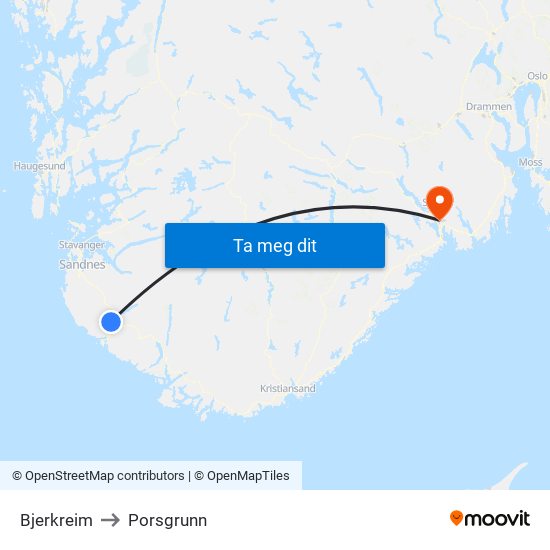 Bjerkreim to Porsgrunn map