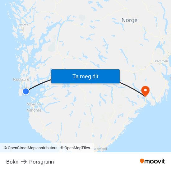 Bokn to Porsgrunn map
