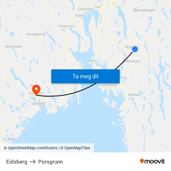 Eidsberg to Porsgrunn map