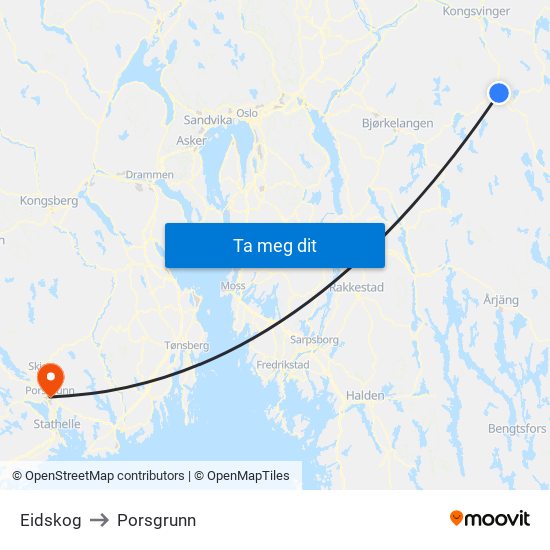Eidskog to Porsgrunn map