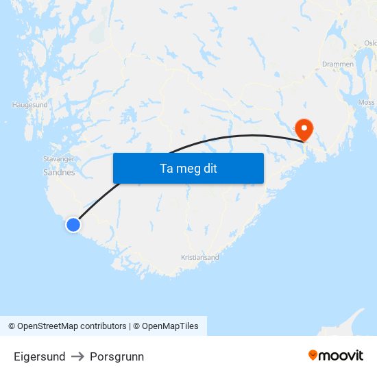 Eigersund to Porsgrunn map