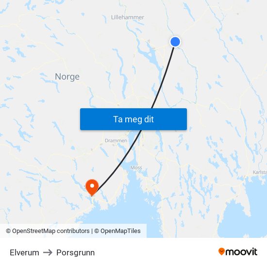 Elverum to Porsgrunn map