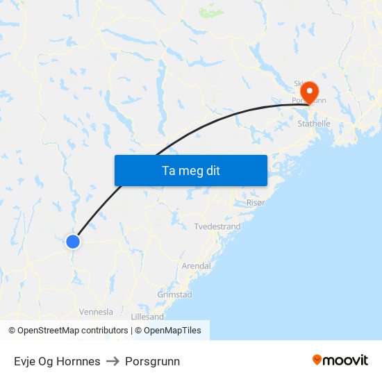 Evje Og Hornnes to Porsgrunn map