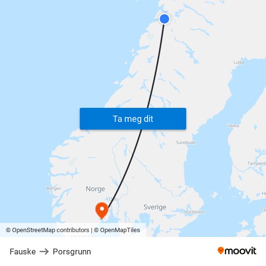 Fauske to Porsgrunn map