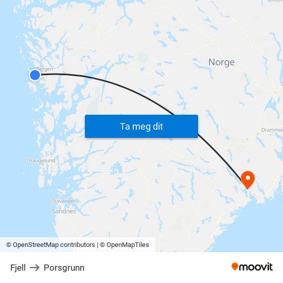 Fjell to Porsgrunn map
