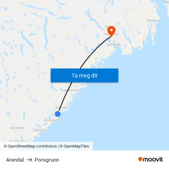 Arendal to Porsgrunn map