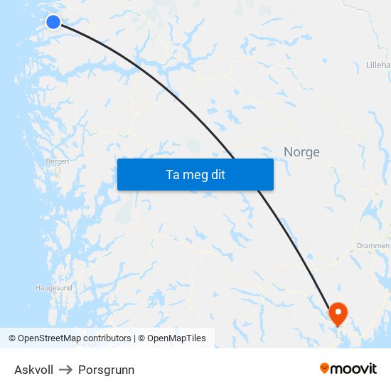 Askvoll to Porsgrunn map
