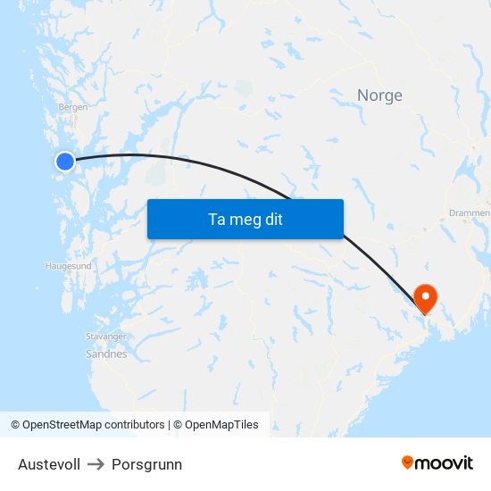 Austevoll to Porsgrunn map