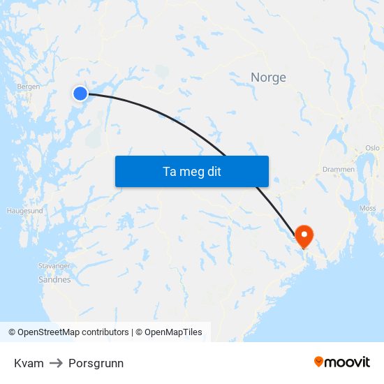 Kvam to Porsgrunn map