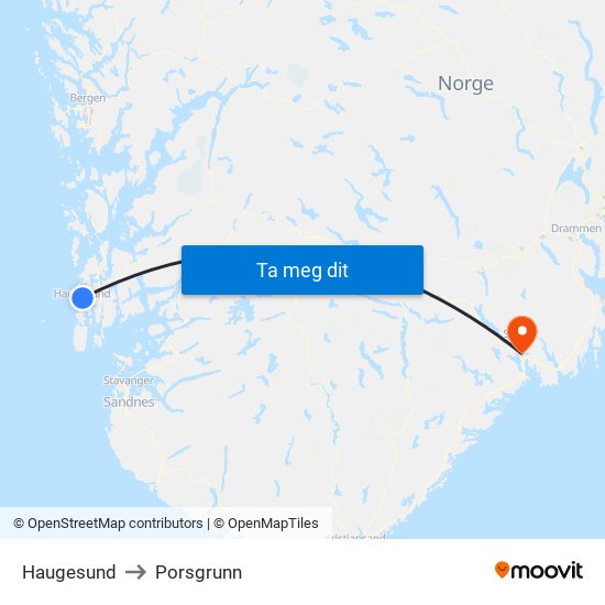 Haugesund to Porsgrunn map