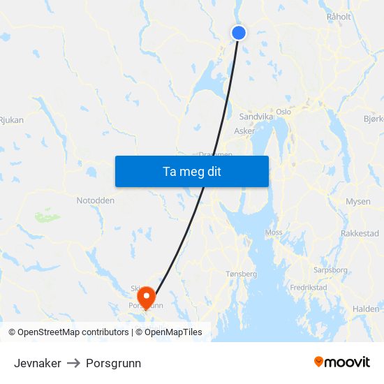 Jevnaker to Porsgrunn map