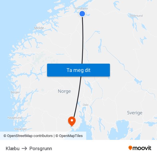 Klæbu to Porsgrunn map