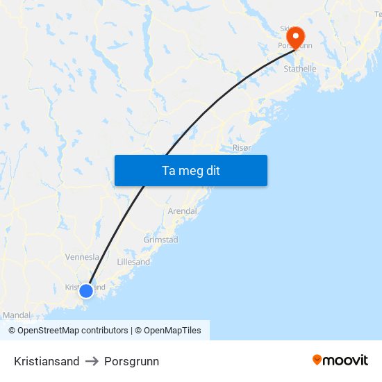 Kristiansand to Porsgrunn map