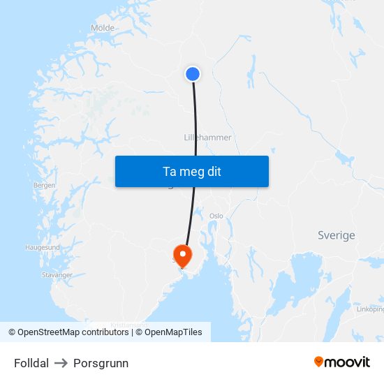 Folldal to Porsgrunn map