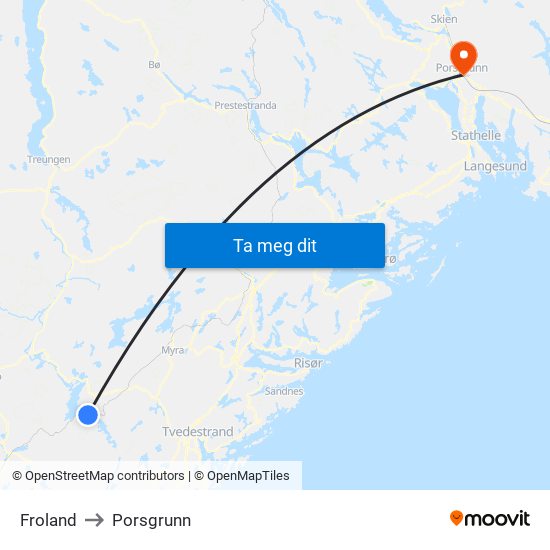 Froland to Porsgrunn map