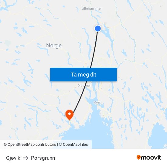 Gjøvik to Porsgrunn map