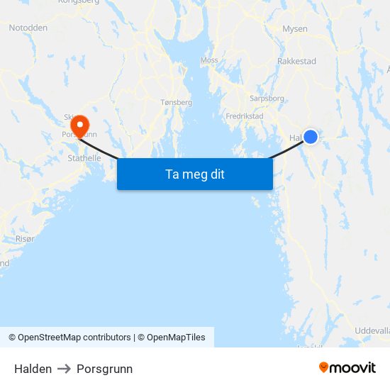 Halden to Porsgrunn map