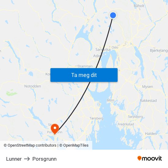 Lunner to Porsgrunn map