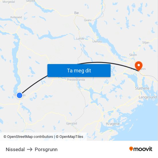 Nissedal to Porsgrunn map