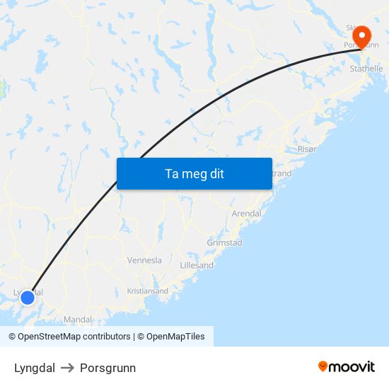 Lyngdal to Porsgrunn map