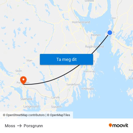 Moss to Porsgrunn map