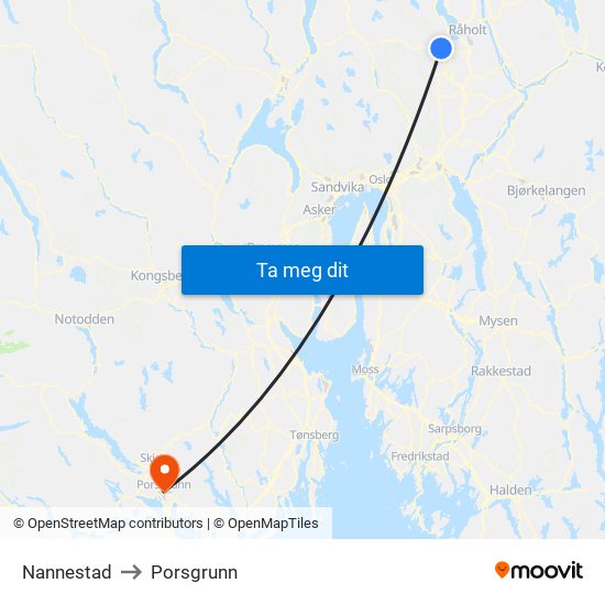 Nannestad to Porsgrunn map