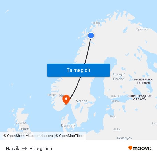 Narvik to Porsgrunn map