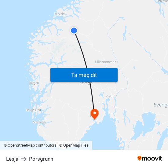 Lesja to Porsgrunn map