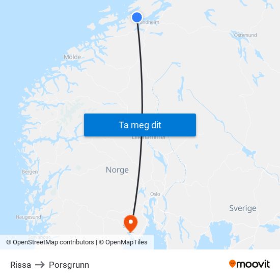 Rissa to Porsgrunn map