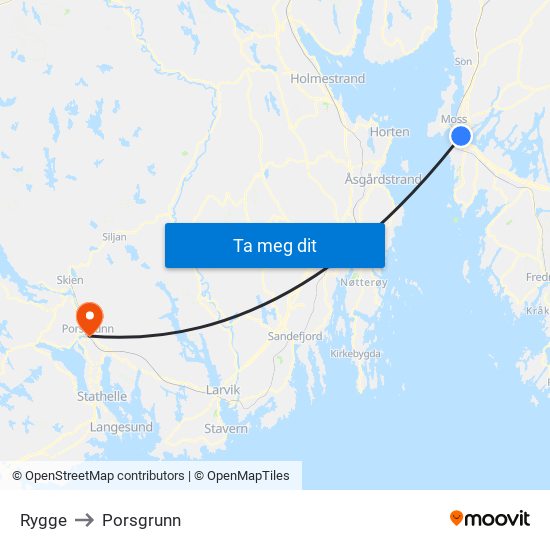 Rygge to Porsgrunn map