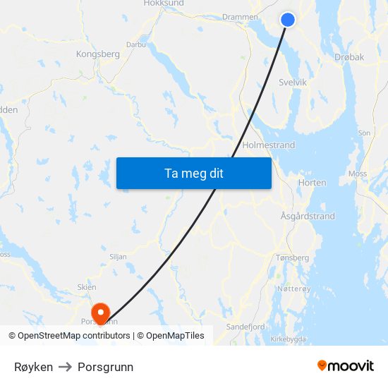 Røyken to Porsgrunn map