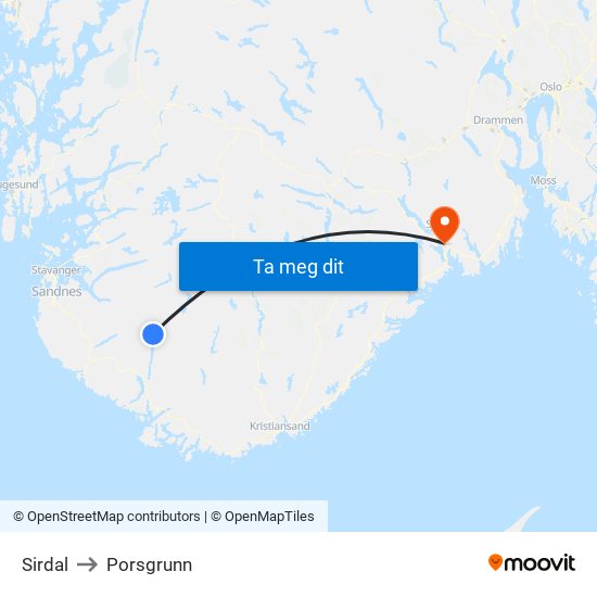 Sirdal to Porsgrunn map