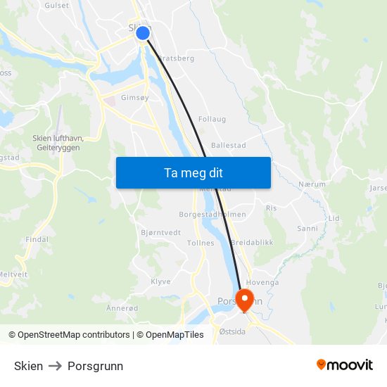 Skien to Porsgrunn map