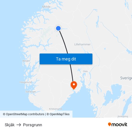 Skjåk to Porsgrunn map