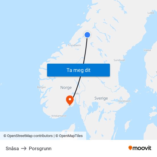 Snåsa to Porsgrunn map