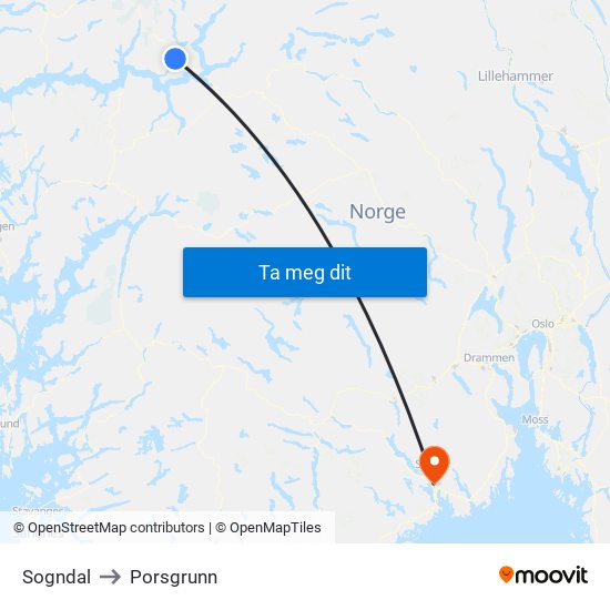 Sogndal to Porsgrunn map