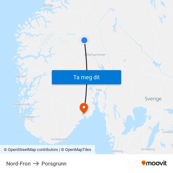 Nord-Fron to Porsgrunn map