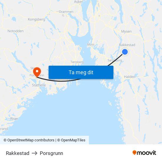 Rakkestad to Porsgrunn map