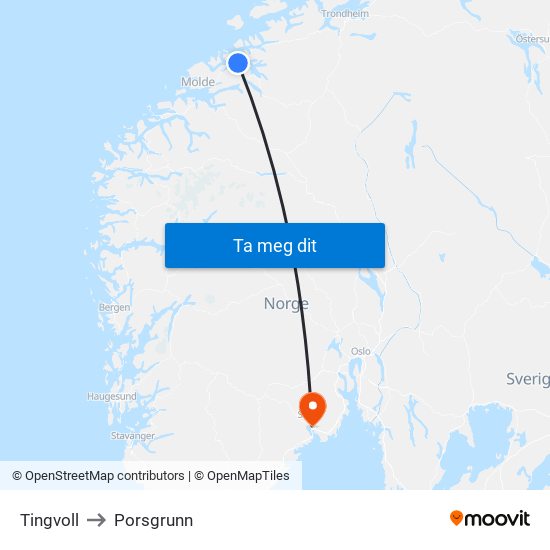 Tingvoll to Porsgrunn map