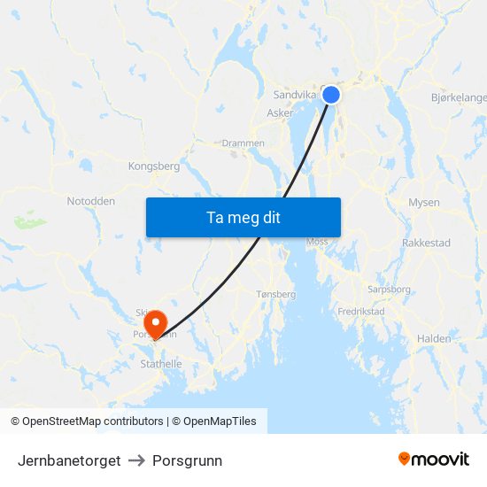 Jernbanetorget to Porsgrunn map