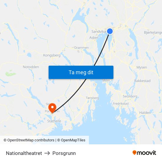 Nationaltheatret to Porsgrunn map