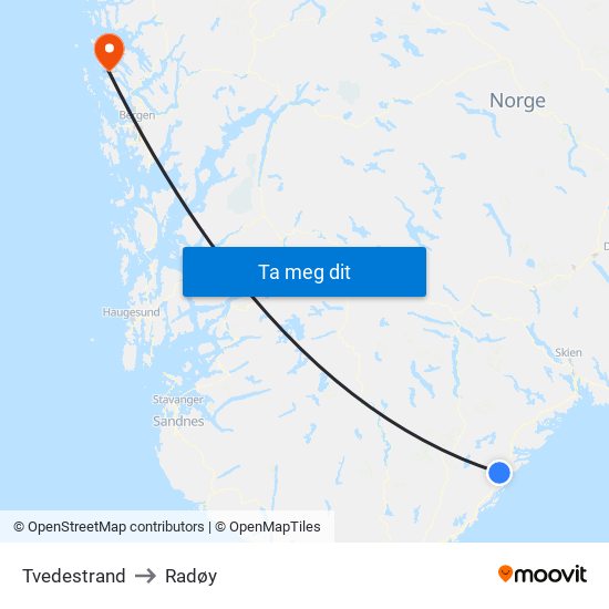Tvedestrand to Radøy map