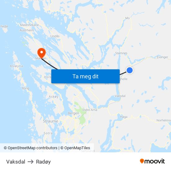 Vaksdal to Radøy map