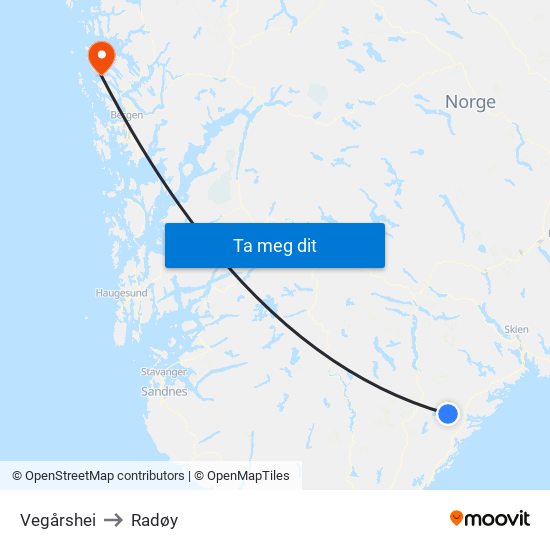 Vegårshei to Radøy map